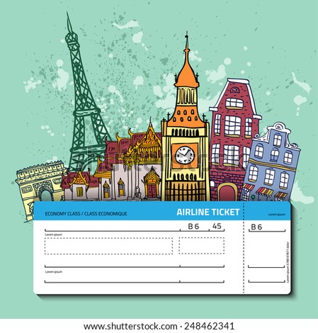 Airline ticket. Travel background.  All elements and textures are individual objects. Vector illustration scale to any size.