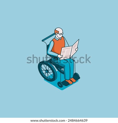 isometric vector old man in a wheelchair reading a newspaper, in color on a blue background, old age or disabled person
