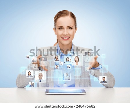 business, technology, cooperation, people and hiring concept - smiling businesswoman with tablet pc computer over blue background with icons of contacts