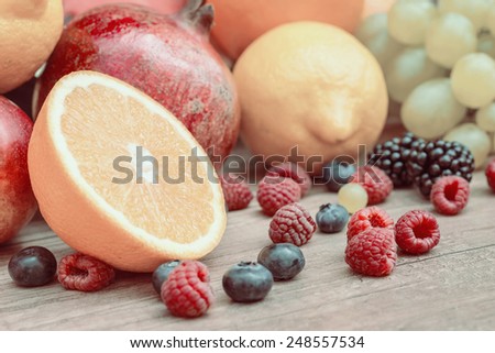Retro Photo Of Fresh Summer Fruits On Wood Table