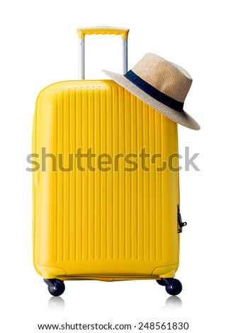Summer time -Travel bag and straw hat Royalty-Free Stock Photo #248561830
