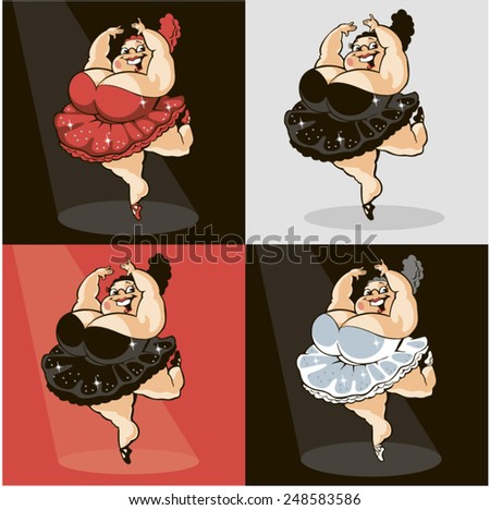 Thick cheerful ballerina with big breasts. Red, black, white dress.  Cartoon character. Vector image.
