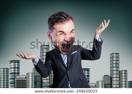 excited happy businessman with big head standing. funny picture over dark background