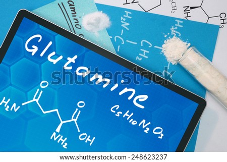 Tablet with the chemical formula of Glutamine  Royalty-Free Stock Photo #248623237