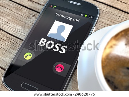 Smart phone with incoming boss call and coffee on a table Royalty-Free Stock Photo #248628775