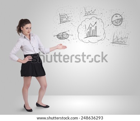 Business girl presenting hand drawn sketch graphs and charts concept