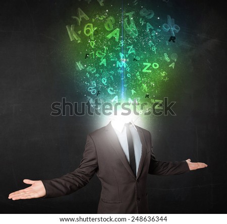 Business man with abstract glowing letters on head concept