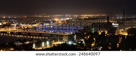 Aerial panoramic view of Riga by night