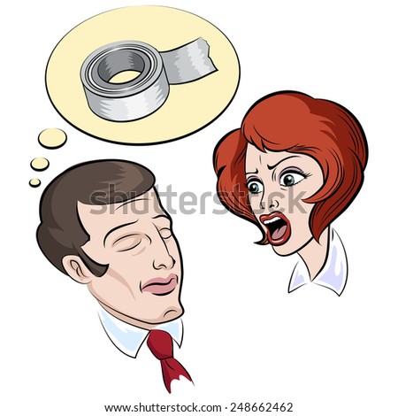 Comic illustration of family scandal with man who think about adhesive tape. Isolated on white background.