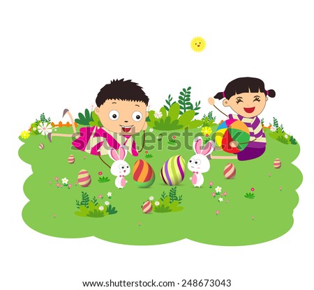 happy easter eggs with kids and bunny funny