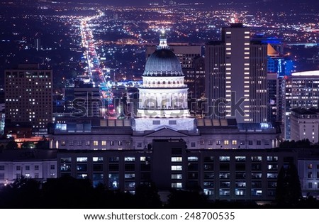 Utah Capitol Building in Salt Lake City. Night Time Panorama.
