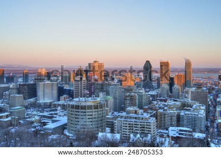 Montreal Downtown at sunset, in Winter