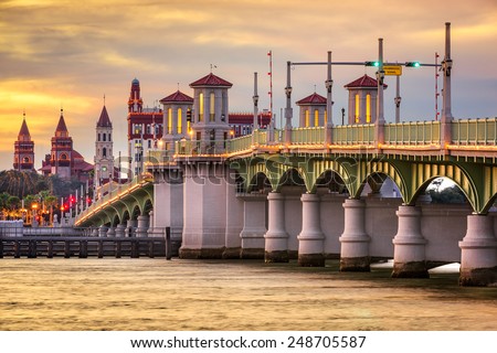 St. Augustine, Florida, USA city skyline and Bridge of Lions.