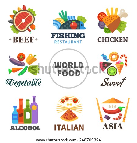 World of food: meat, fish, chicken, vegetables, asia, alcohol, Italian, sweets. Vector flat  logo set