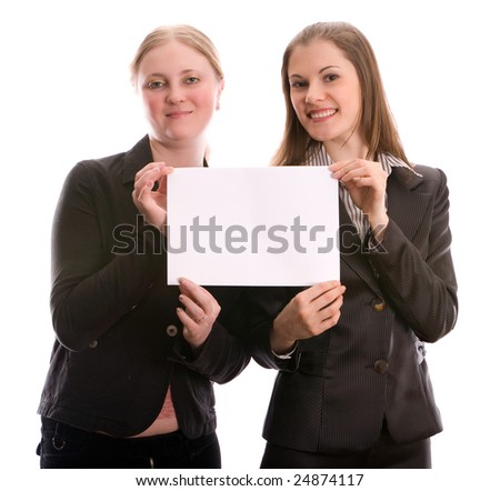 Two women holding a blank business card. Isolated on white