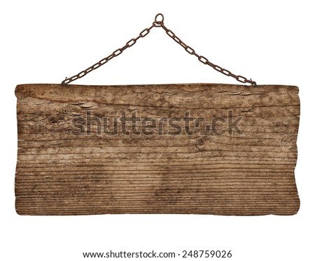 close up of an empty wooden sign on white background