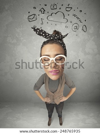 Funny girl with big head and drawn social media marks over it 