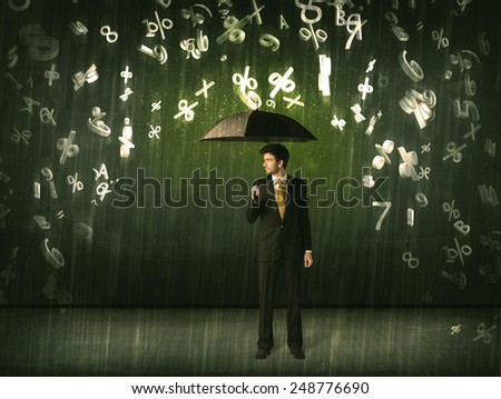 Businessman standing with umbrella and 3d numbers raining concept on background