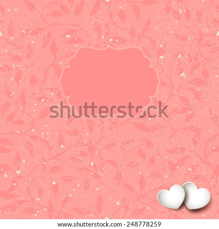 Abstract vector Valentine design - seamless pattern in background - with frame inside and a couple of paper hearts