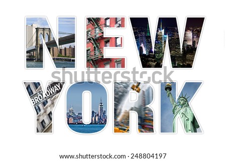 Letters NEW YORK photo collage isolated on white background