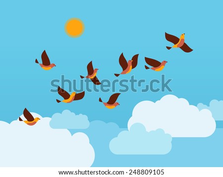 Flock of birds flying in the sky with clouds and sun. Vector illustration.