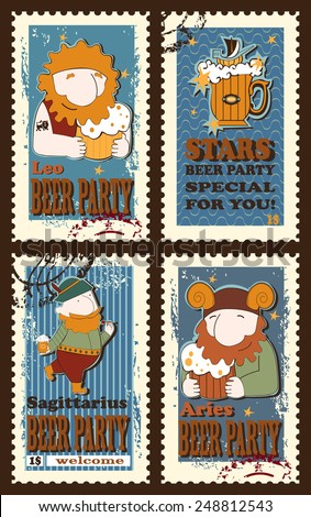 Set of postage stamps with  symbolical images of  zodiac sings. Set contains signs of  zodiac, beer mug,ship,beer tun and stars. Postage stamps. Cartoon  style.