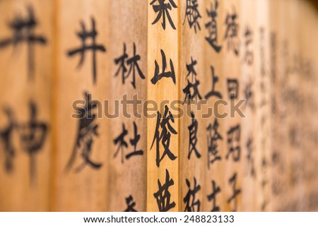 Japanese Characters, engraved on a wooden temple wall at Kasuga Taisha in Nara, Japan