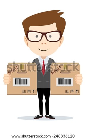 Delivery man - Funny office worker man with boxes on the white background  for use in presentations, etc- Stock Vector illustration