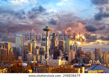 Seattle skyline at sunset, WA, USA Royalty-Free Stock Photo #248838679