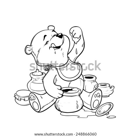 Teddy bear eating honey from the pot. Vector illustration for coloring book
