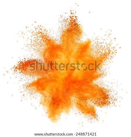orange powder explosion isolated on white background Royalty-Free Stock Photo #248871421