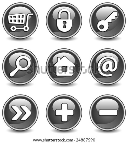 Set of vector buttons with web icons in black, illustration. Round series