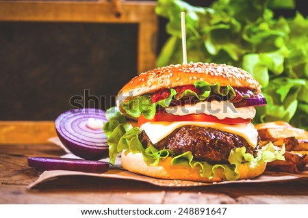 Juicy and fragrant hamburger with fries homemade copy space for your text.