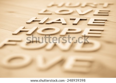 Word HATE concept made up with wooden letters, in focus