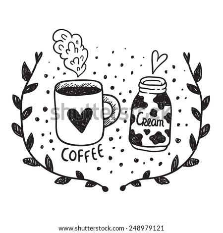Cute concept for St Valentines day greeting postcard. Coffee and cream sketch illustration.