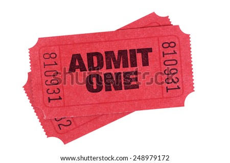 Movie ticket : Two red admit one theater tickets isolated on white.   Royalty-Free Stock Photo #248979172