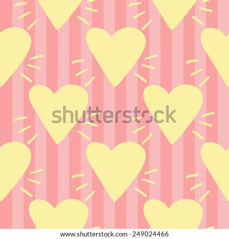 Funny cute new born welcome baby girl yellow vector seamless pattern on striped pink background. Set of isolated elements. Chess grid order pattern.