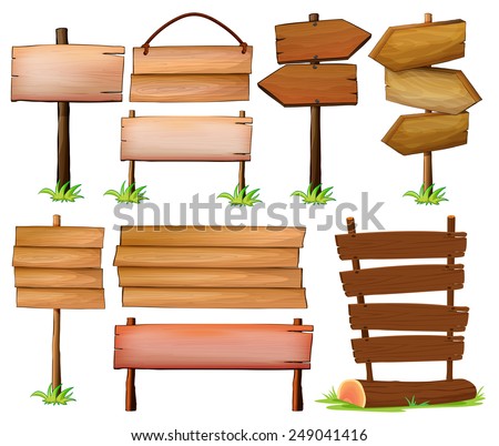 Set of wooden signboards on a white background