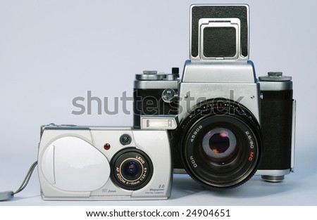vintage medium format camera and digital compact camera