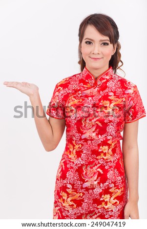 Asian girl greeting in Traditional Chinese, Welcome, Guest, new year