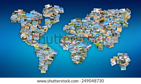 Collection of different photos placed as world map shape