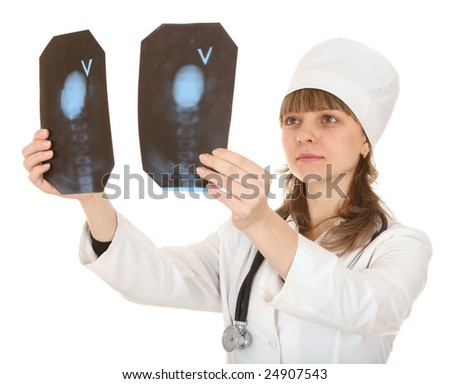 Portrait of doctor with x-ray picture. Isolated.