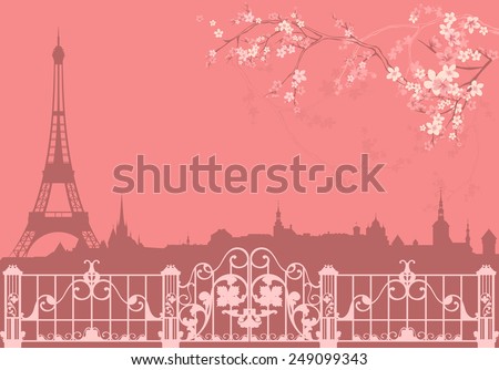 spring Paris vector background - eiffel tower and roofs silhouette among flowers