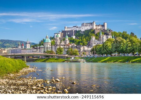 Beautiful view of Salzburg skyline with Festung Hohensalzburg and Salzach river in summer, Salzburg, Salzburger Land, Austria Royalty-Free Stock Photo #249115696