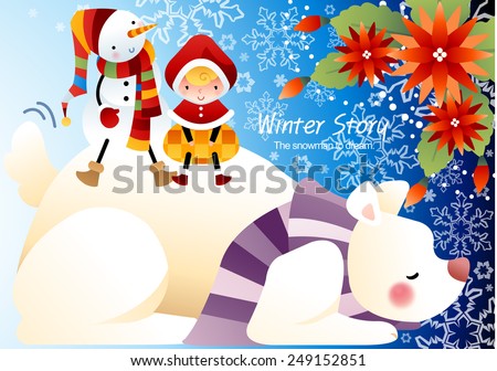 Winter Story with cute little friends and a big animal on blue background with beautiful floral pattern : vector illustration