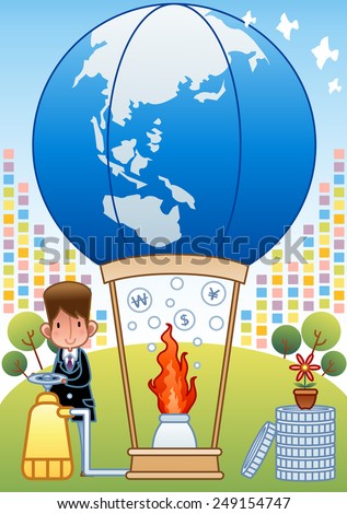 Young Business Man with a hot air balloon and money sign on a background with bright blue sky and green field : vector illustration