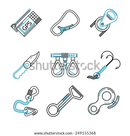 Set of black and blue flat line vector icons for outfit and equipment for rappelling, rock climbing on white background.