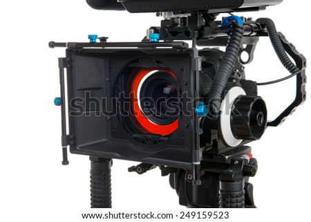 Professional video camera on the white background