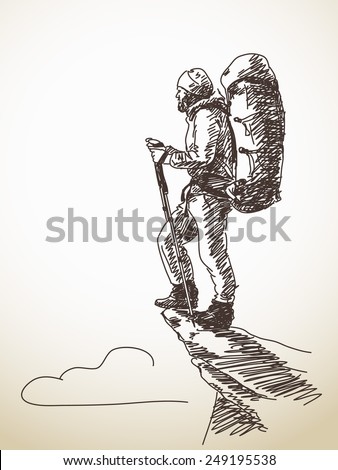 Sketch of man with backpack on top of mountain Hand drawn vector illustration