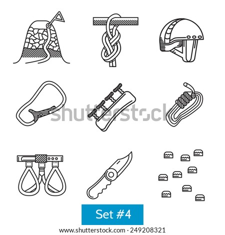 Black flat line icons vector collection of items for rock climbing and alpinism on white background.